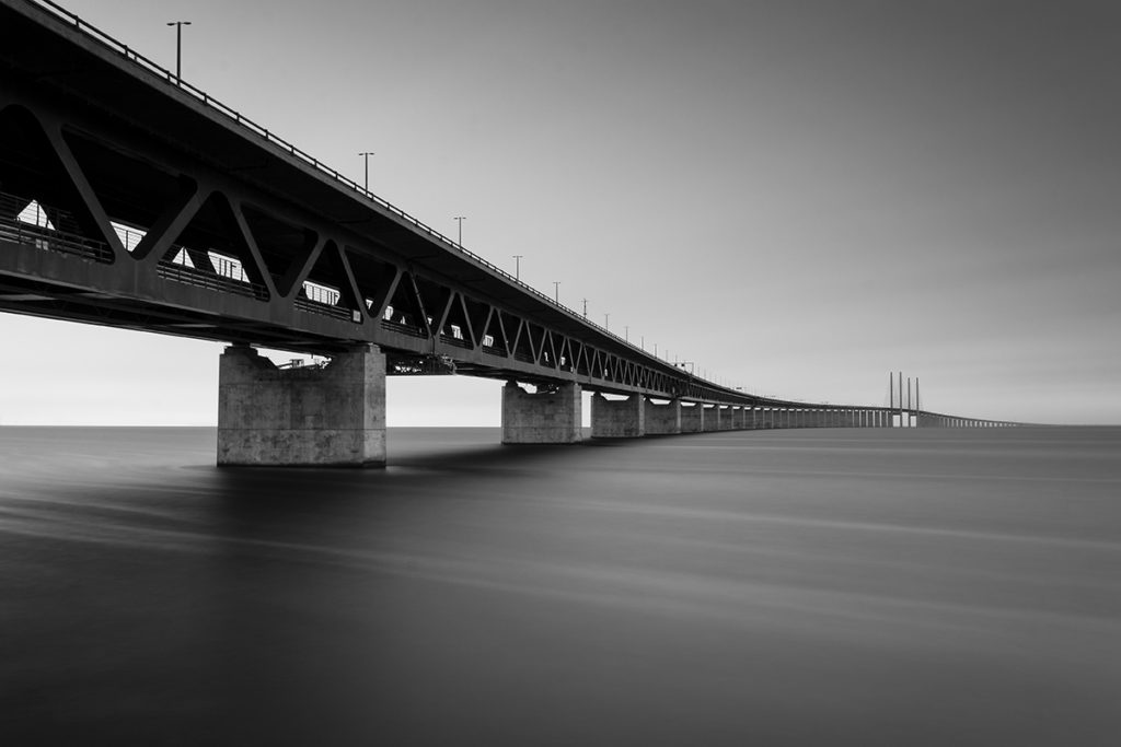 ND black and white long exposure photo of oresund bridge from Swedish coast