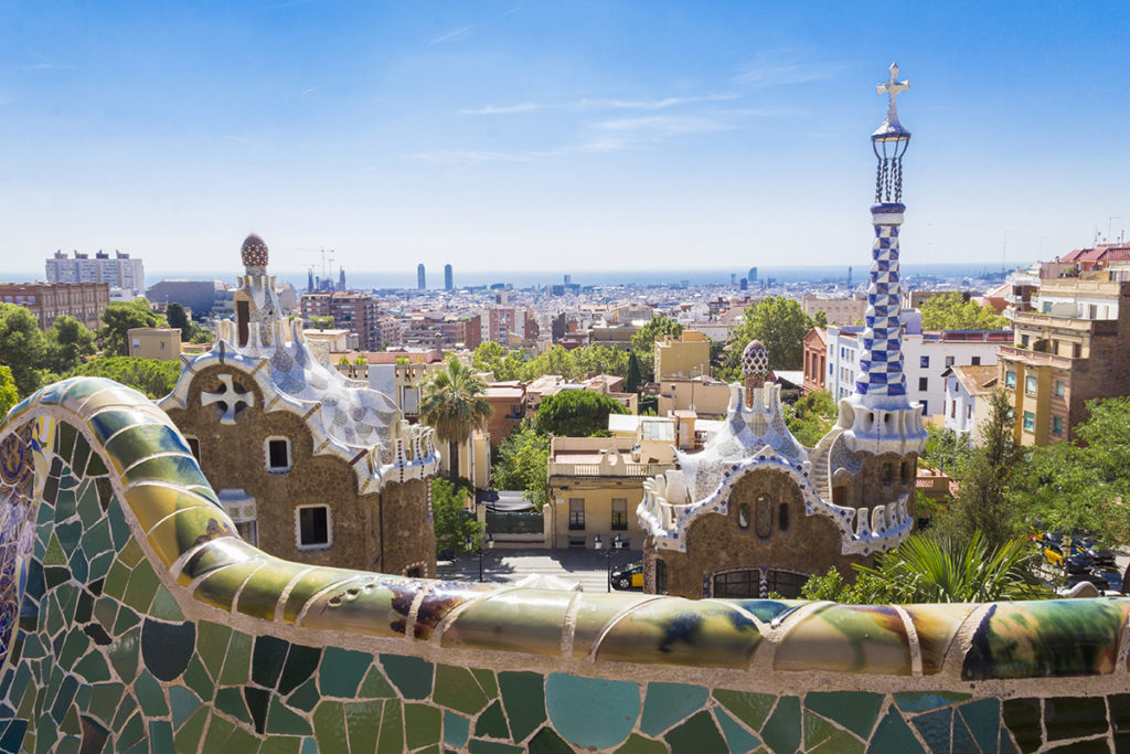 Iconic view of Barcelona from park guell with blue sky